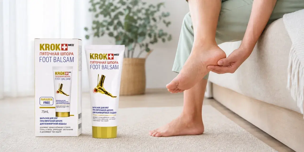 Balsam Krok Med Foot Balsam to pomoc w leczeniu ostrogi piętowej. Kobieta masuje bolącą piętę.
