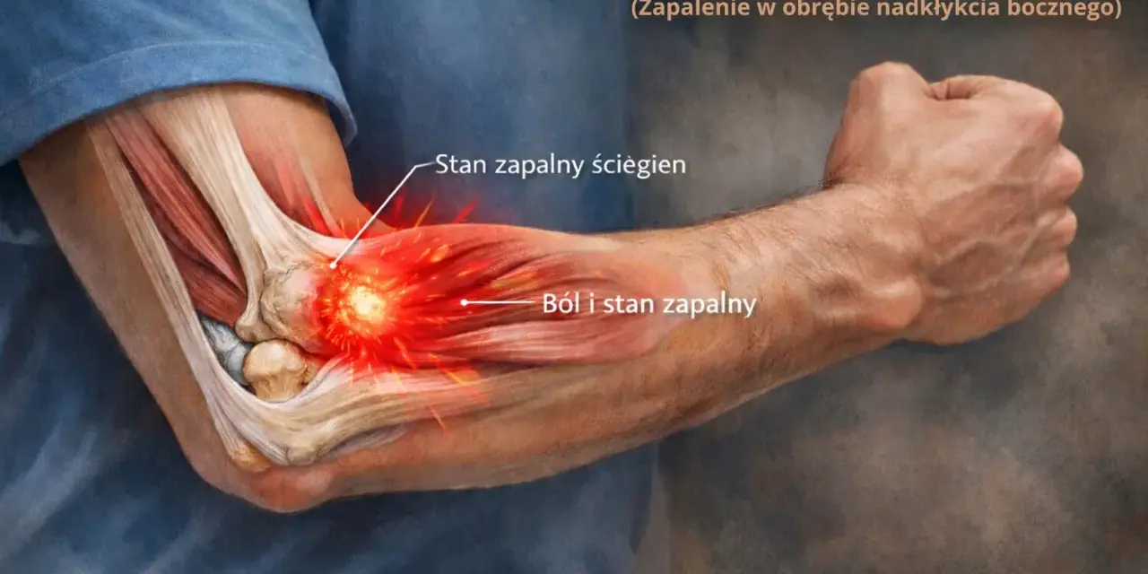 Anatomia łokcia tenisisty z zaznaczonym stanem zapalnym ścięgien i bólem.