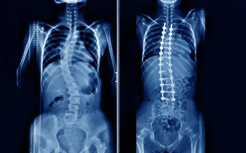 Rentgen klatki piersiowej przed i po operacji skoliozy. Widoczny kręgosłup z implantami stabilizującymi.