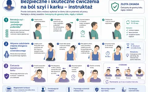 Ćwiczenia na ból szyi i karku: retrakcja szyi, rozluźnianie mięśni, ćwiczenia izometryczne. Pomagają zniwelować kłucie w szyi.