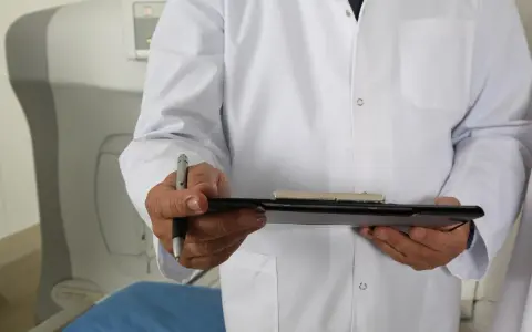 Lekarz w białym kitlu trzyma notatnik i długopis. Obok widoczny sprzęt medyczny, sugerujący badanie. Palpacja co to? To badanie fizykalne.
