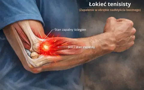 Anatomia łokcia tenisisty z zaznaczonym stanem zapalnym ścięgien i bólem.