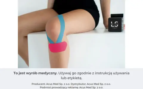 Prądy na kolano w kolorze niebieskim i różowym, wspierające staw. Opakowanie produktu Line Sport.