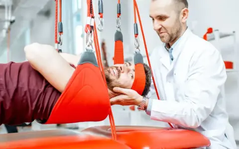 Fizjoterapeuta pomaga pacjentowi podczas terapii wiszącej. Często rehabilitacja kręgosłupa jest kluczowa dla powrotu do zdrowia.
