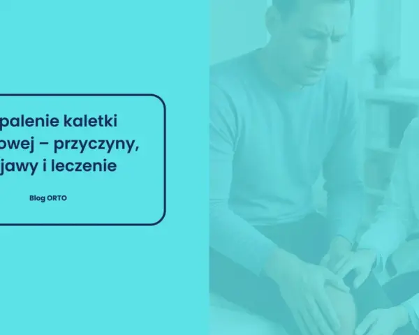 Lekarz bada kolano pacjenta. Na ekranie tekst: "Zapalenie kaletki maziowej – przyczyny, objawy i leczenie".