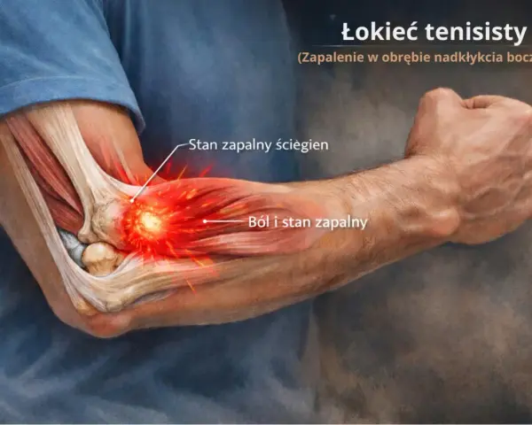 Anatomia łokcia tenisisty z zaznaczonym stanem zapalnym ścięgien i bólem.