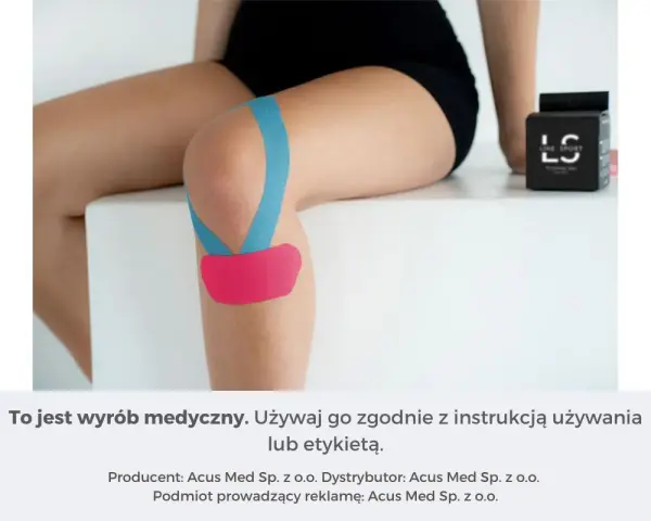 Prądy na kolano w kolorze niebieskim i różowym, wspierające staw. Opakowanie produktu Line Sport.