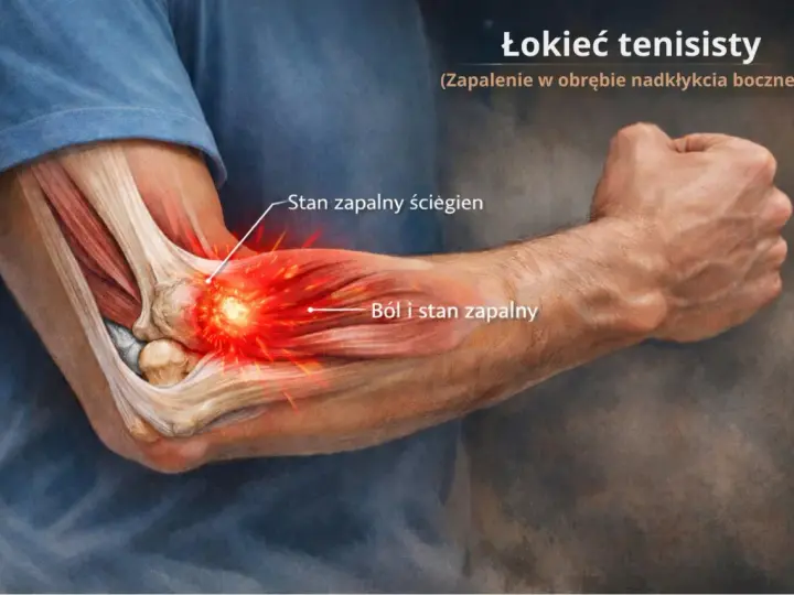 Anatomia łokcia tenisisty z zaznaczonym stanem zapalnym ścięgien i bólem.