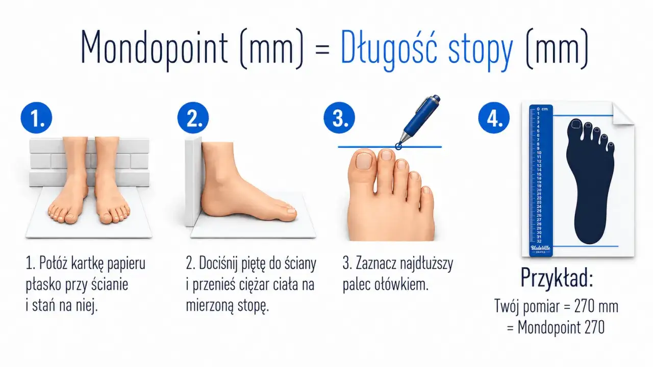 Instrukcja jak zmierzyć stopę: postaw stopę na kartce przy ścianie, zaznacz koniec palca, a następnie odczytaj długość. Przykład: Mondopoint 270.