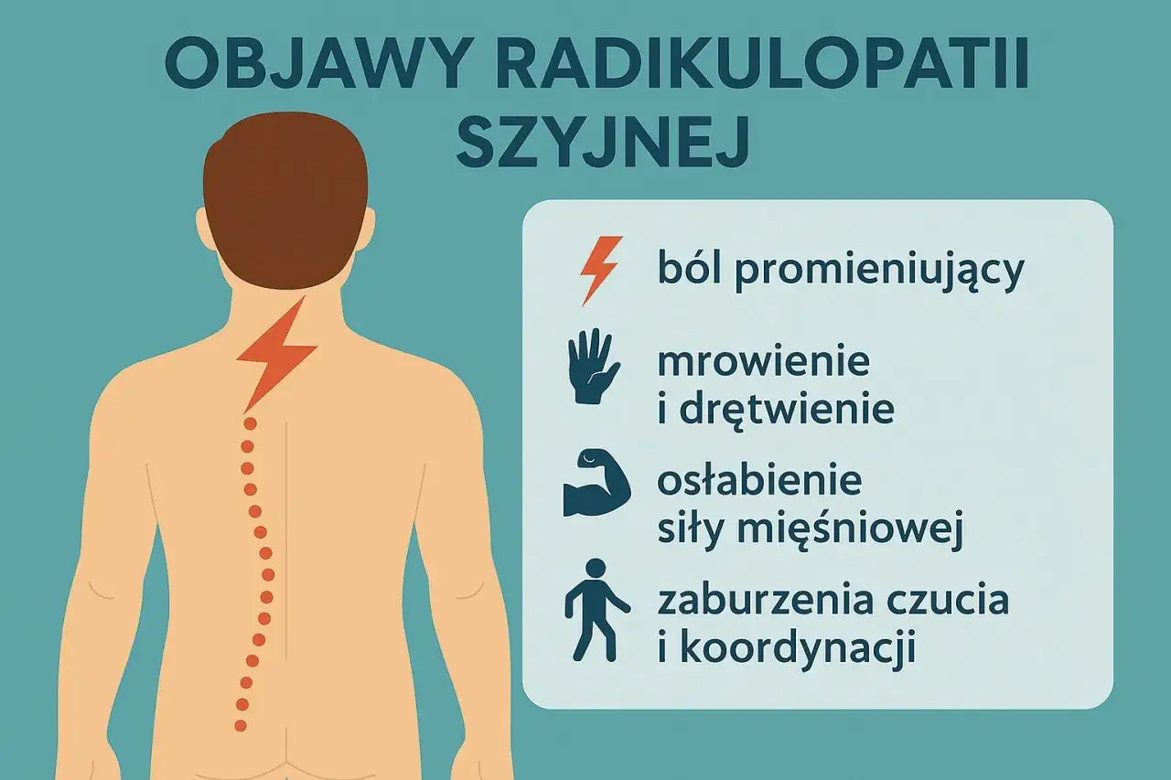Ilustracja przedstawia objawy radikulopatii szyjnej: ból promieniujący, mrowienie, osłabienie mięśni i zaburzenia koordynacji. Jakby ktoś ćwiczył z workiem oponowym i poczuł te dolegliwości.