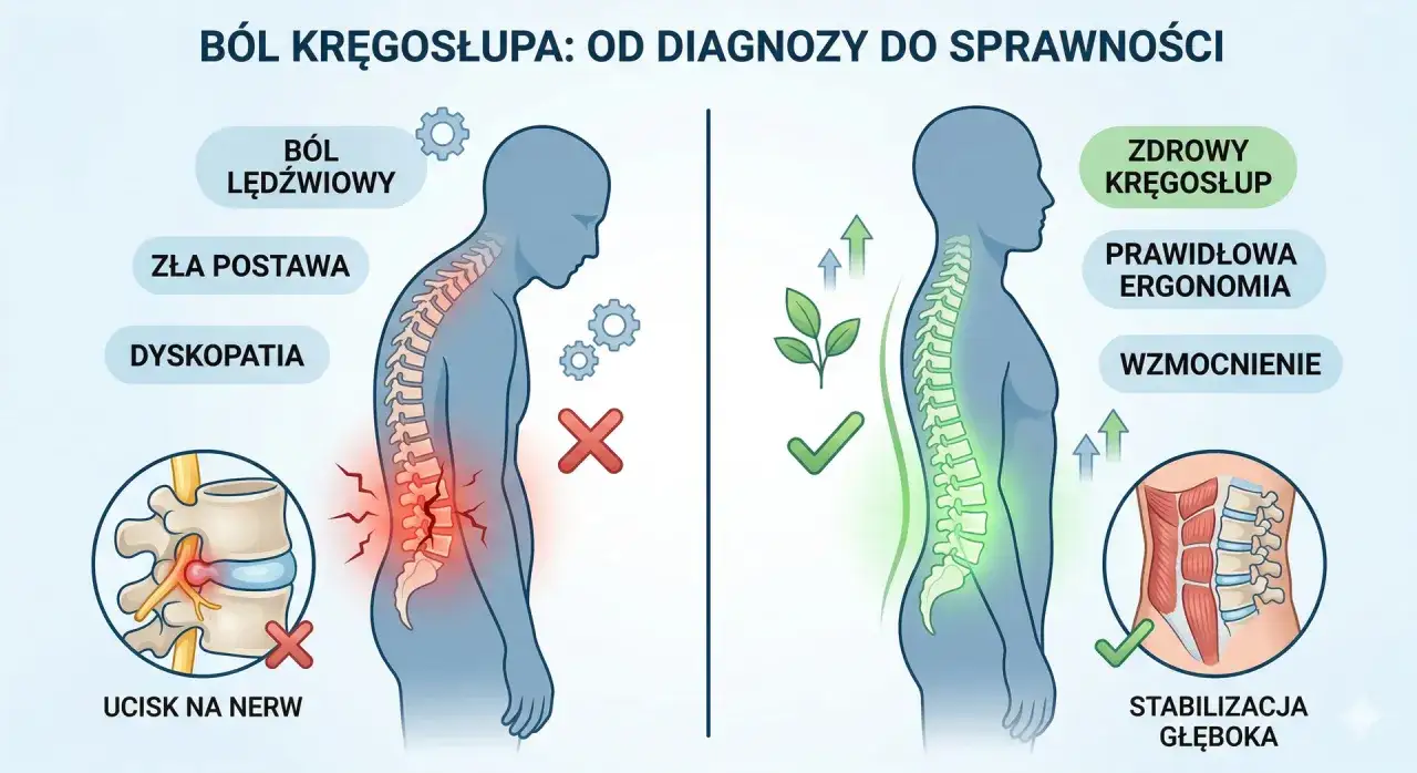 Ilustracja pokazuje problemy z kręgosłupem, takie jak bóle grzbietu, złą postawę i dyskopatię, w kontraście do zdrowego kręgosłupa, prawidłowej ergonomii i wzmocnienia.