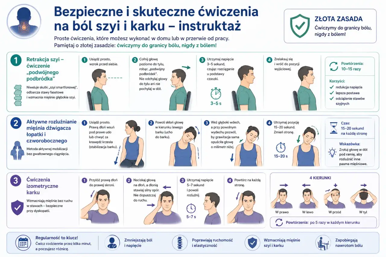 Ćwiczenia na ból szyi i karku: retrakcja, rozluźnianie mięśni, izometryczne. Złota zasada: ćwiczymy do granicy bólu, nigdy z bólem!